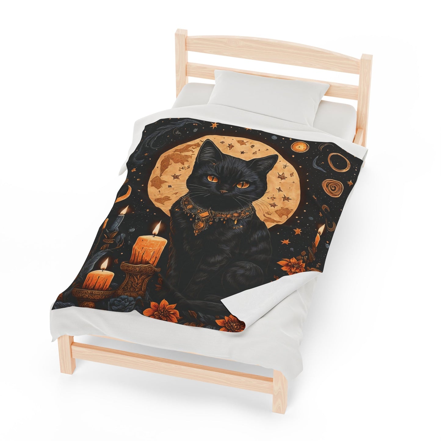 Witchy Black Cat and Orange Flowers Velveteen Plush Blanket
