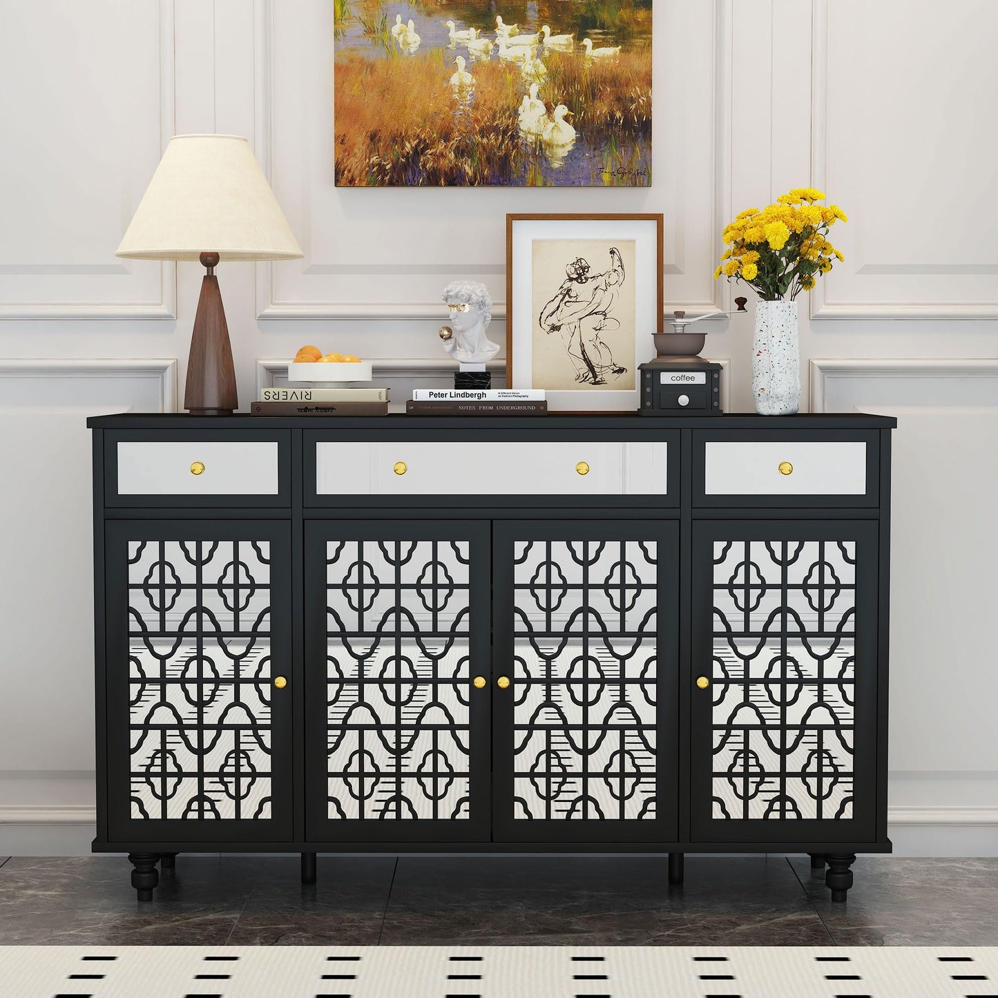 Sideboard Buffet Cabinet, 57" Modern Kitchen Storage Cabinet , Black
