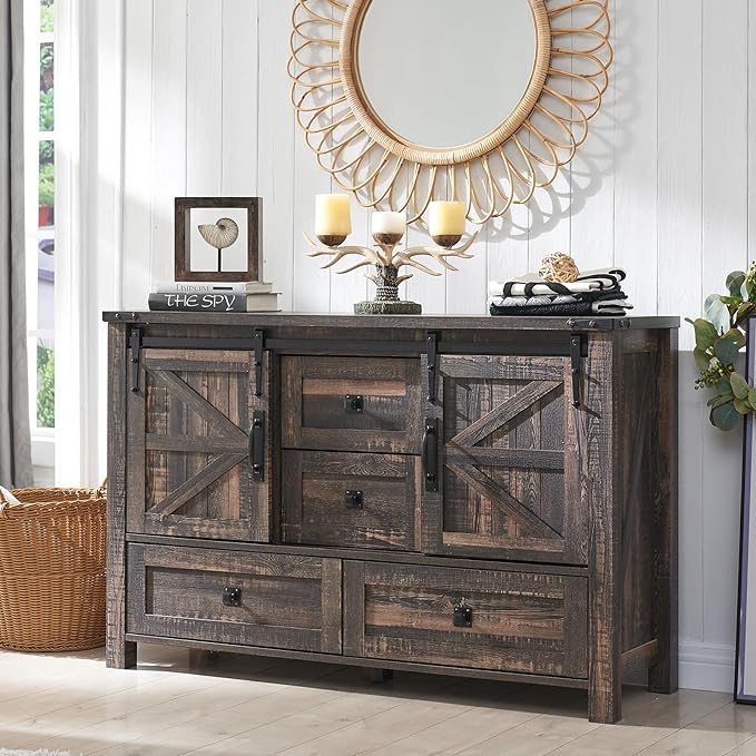 5 Drawers Dresser for Bedroom w/Sliding Barn Door, Farmhouse Modern Tall Dresser