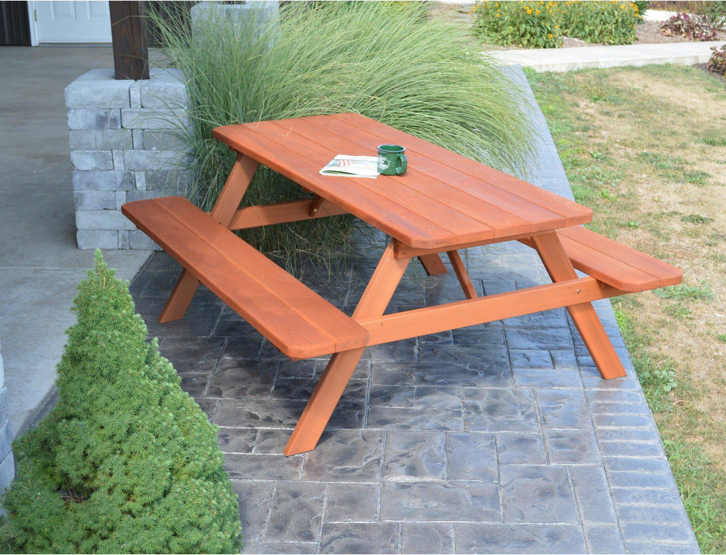 A & L FURNITURE CO. Western Red Cedar 4' Table w/Attached Benches - Specify for FREE 2" Umbrella Hole - Ships FREE in 5-7 Business days - Rocking Furniture