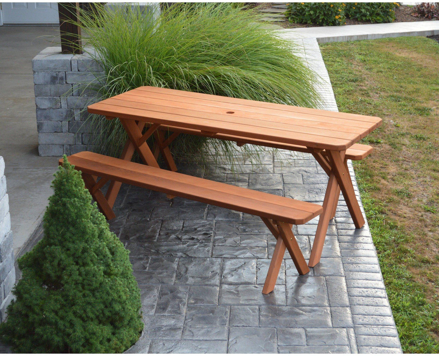A & L FURNITURE CO. Western Red Cedar 4' Cross-leg Table w/2 Benches - Specify for FREE 2" Umbrella Hole - Ships FREE in 5-7 Business days - Rocking Furniture