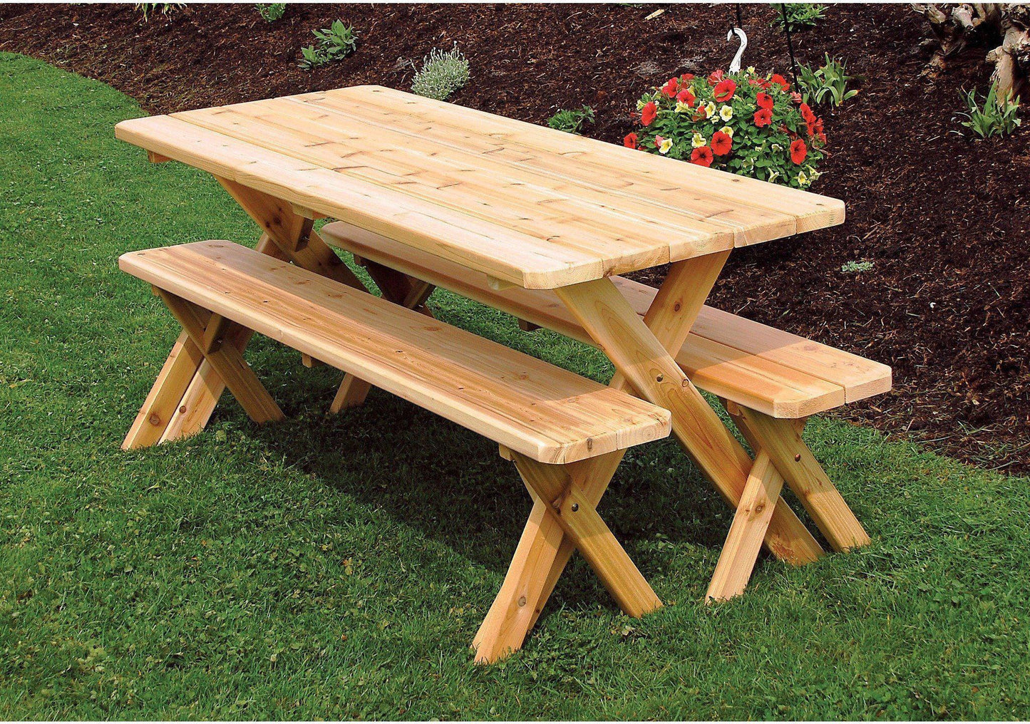 A & L FURNITURE CO. Western Red Cedar 4' Cross-leg Table w/2 Benches - Specify for FREE 2" Umbrella Hole - Ships FREE in 5-7 Business days - Rocking Furniture