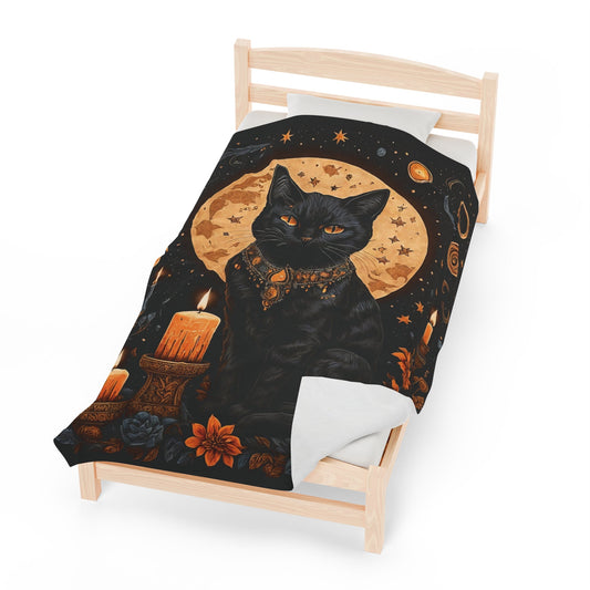 Witchy Black Cat and Orange Flowers Velveteen Plush Blanket