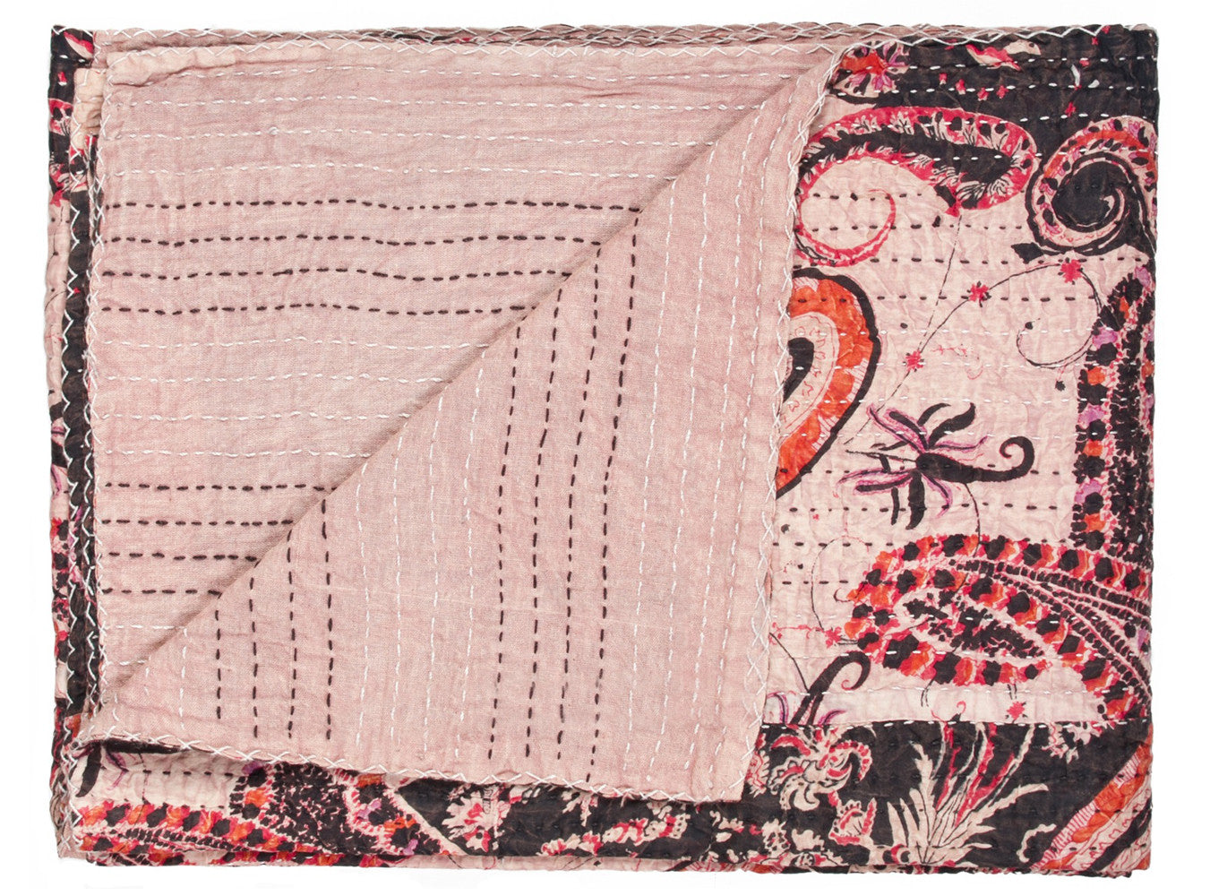 50" x 70" Gray and Blue Kantha Cotton Floral Throw Blanket