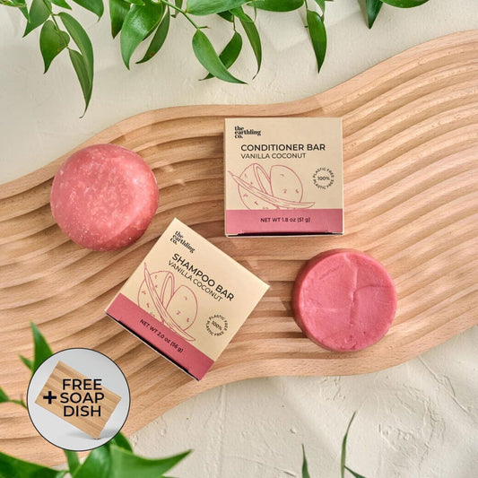 50% Off Shampoo & Conditioner for Hair Strength and Moisture + Free 4" Wooden Soap Dish Vanilla Coconut