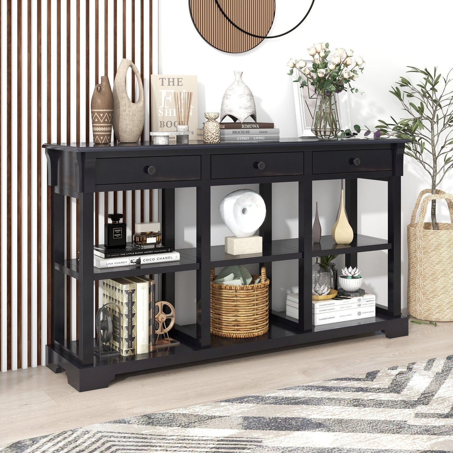 Transitional Console Table with 3 Drawers & Open Shelves - Espresso