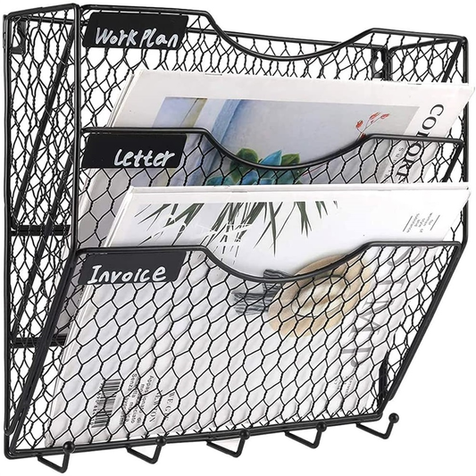 3 Tier Wall File Holder Chicken Wire Hanging Filing Organizer Wall Mounted Document Magazine Rack for Home and Office,Black