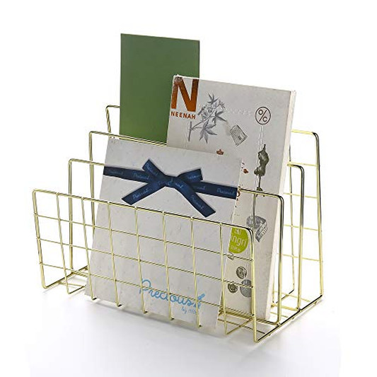Yagote Desktop File Organizer 3 Slot File Holder Desktop Book Shelf Letter Sorter File Organizer Magazine Rack for Home Office Decoration (Gold)