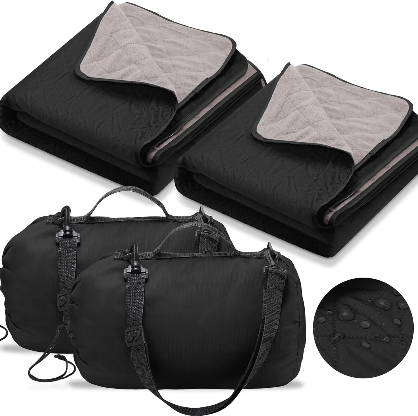2 Pcs Large Outdoor Blanket 78'' x 55'' Quilted Windproof Waterproof Blanket Fleece Sandproof Stadium Blanket Foldable Warm Blanket for Camping Picnic Sporting Events Car Cold Weather (Black)