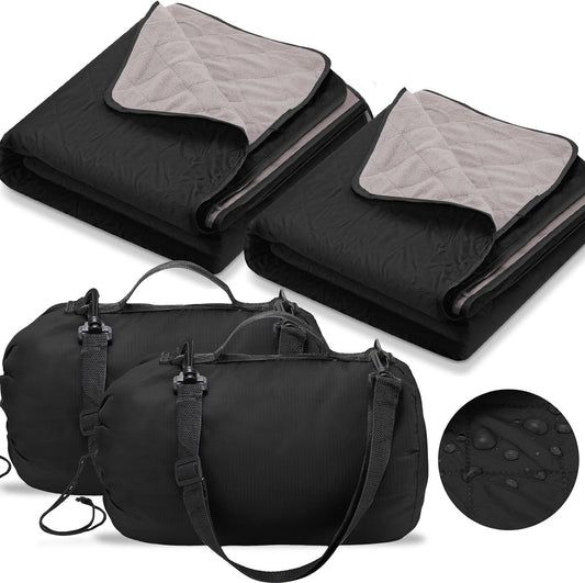 2 Pcs Large Outdoor Blanket 78'' x 55'' Quilted Windproof Waterproof Blanket Fleece Sandproof Stadium Blanket Foldable Warm Blanket for Camping Picnic Sporting Events Car Cold Weather (Black)