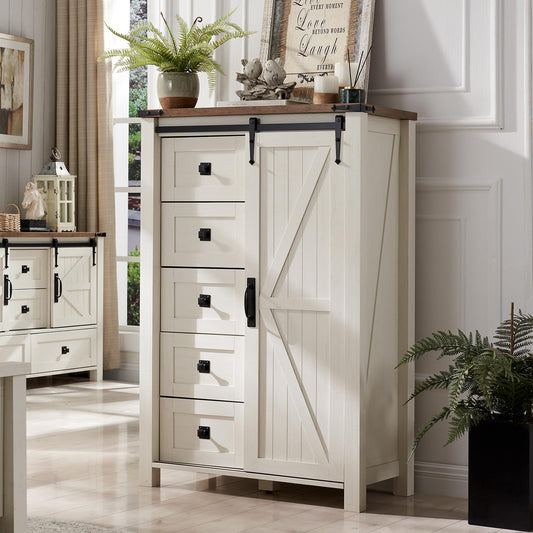 5 Drawers Dresser for Bedroom w/Sliding Barn Door, Farmhouse Modern Tall Dresser