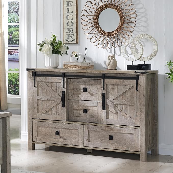5 Drawers Dresser for Bedroom w/Sliding Barn Door, Farmhouse Modern Tall Dresser
