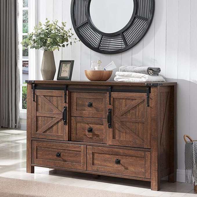 5 Drawers Dresser for Bedroom w/Sliding Barn Door, Farmhouse Modern Tall Dresser