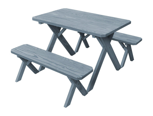 A&L Furniture Co. Yellow Pine 44"' Cross-leg Table w/2 Benches - Umbrella Hole - LEAD TIME TO SHIP 10 BUSINESS DAYS