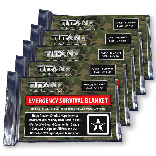 XL Emergency Survival Blankets, 5-Pack Survival Blankets TITAN Survival Woodland Camo